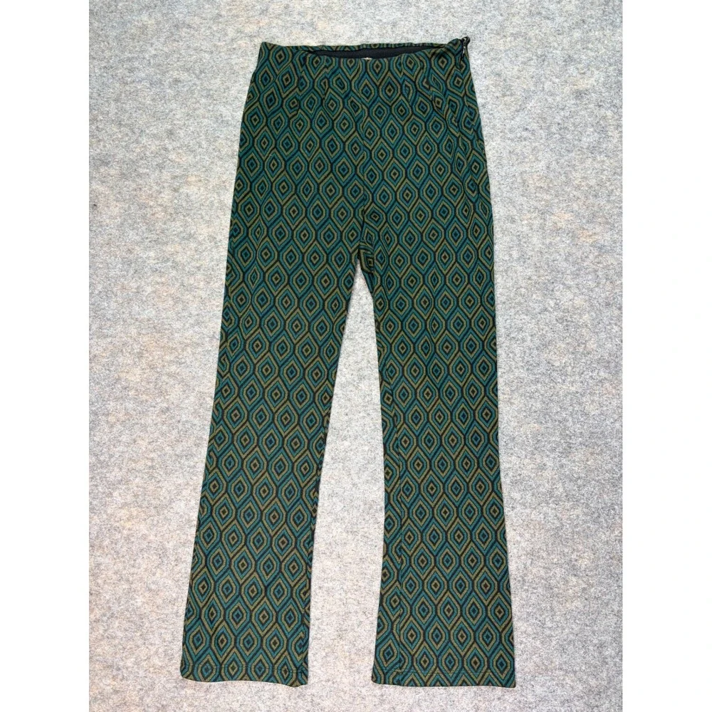 Free People‎ Printed Flare Pants Womens Sz 2 Olive Green Blue Geometric